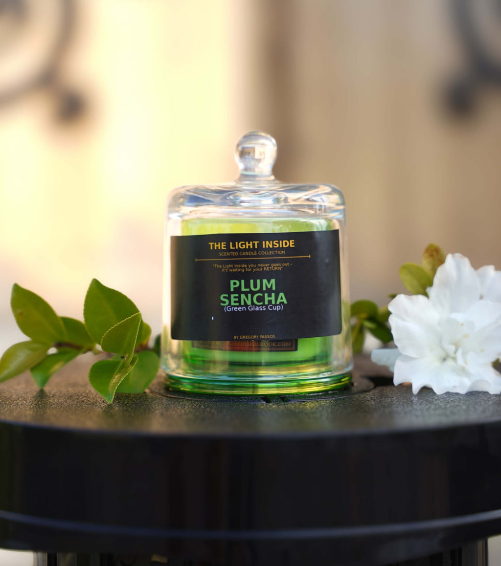 The Light Inside Scented Candle – Plum Sencha (Green Glass Cup)
